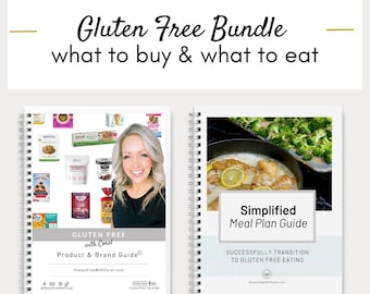 May include: Two spiral-bound guides with the text "Gluten Free Bundle" and "what to buy & what to eat." One guide features a woman and various gluten-free products. The other guide is titled "Simplified Meal Plan Guide."