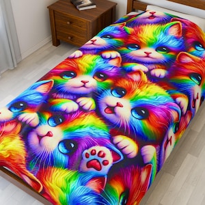 Rainbow Kitten Blanket Velveteen Throw - Colorful Plush Bed or Couch Decor for Cat Lovers, Pride, Kids, Birthdays or Cute Cozy Spaces