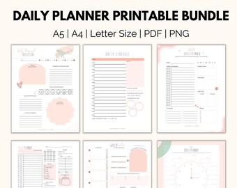 May include: A printable bundle of daily planner pages in A5, A4, and letter sizes. The pages feature a variety of layouts, including a daily schedule, a daily reflection, a weekly planner, and a daily planner with a clock. The pages are decorated with a pink and green color scheme and floral illustrations.