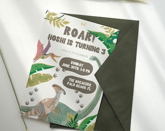 May include: A green and brown dinosaur birthday invitation with the text "Roar! Hoshi is turning 3" and details for a party on Sunday, June 30th from 1-5 PM at The Breakers, Palm Beach, FL.