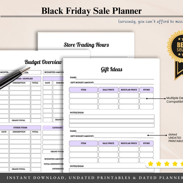 Black Friday Sales Planner Organizer, Holiday Shopping Organizer, Sale Tracker, Budget Planner, Business Planner