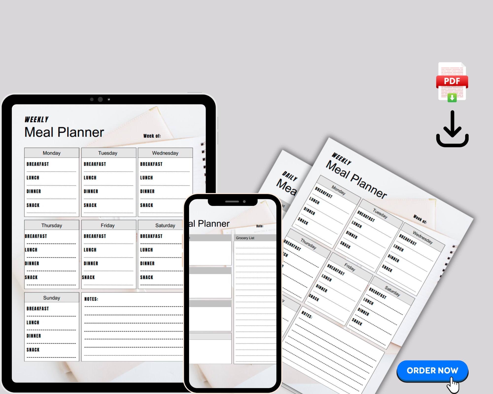 Printable Minimalist Meal Planner Template, Food Planner, Grocery ...
