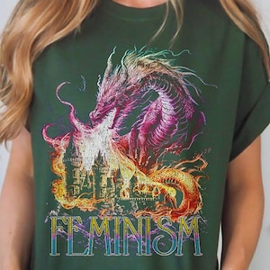 Feminism Dragon Graphic T-Shirt - Gothic Fantasy Dragon Castle Tee - Feminist Dark Fantasy Tee - Vintage Feminism Graphic Tee