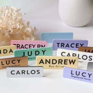 Custom Professional Business Name Badge – Pastel & Metallic Acrylic; Shop Tag Pin or Magnetic Name badge Party Staff ID Volunteer ID