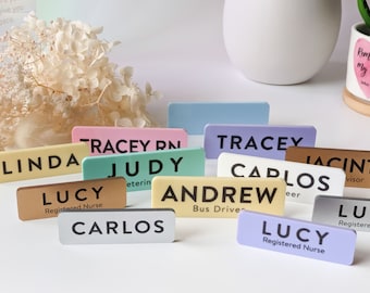 Custom Professional Business Name Badge – Pastel & Metallic Acrylic; Shop Tag Pin or Magnetic Name badge Party Staff ID Volunteer ID