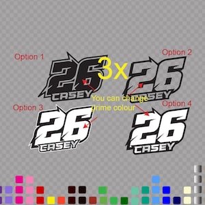 3x Pack Custom Racing Number and Name Decal Bold Motocross Stickers Choose Colours Design Dirt Bike Kart Car MX Vinyl Number Many Sizes