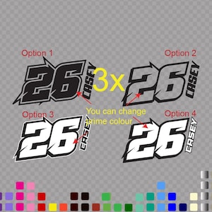 3x Pack Custom Racing Number and Name Decal Bold Motocross Stickers Choose Colours Design Dirt Bike Kart Car MX Vinyl Number Many Sizes