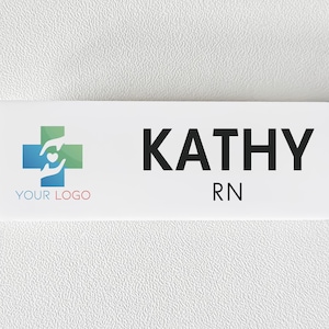 Custom Professional Business Name Badge – Minimalist White Acrylic; Shop Tag with your Logo Symbol for Company Business Staff Volunteer ID
