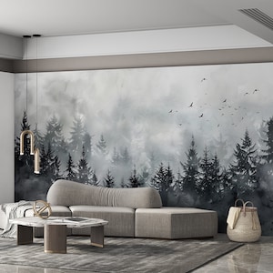 Black Foggy Forest Mural, Dark Watercolor Pine Tree Forest Wallpaper, Peel and Stick Clouds, Removable Birds and Trees Black & White