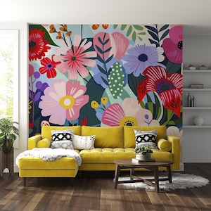 Papier peint fleurs abstraites colorées, décoration murale florale moderne autocollante, grande décoration murale fleurs sauvages, art amovible fleurs des prés