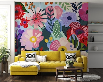 Colorful Abstract Flowers Wallpaper, Peel and Stick Modern Floral Mural, Large Wild Flowers Wall Decor, Removable Meadow Flowers Art