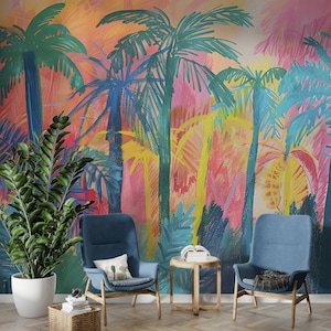 Murale con palme colorate in stile disegno a pastello, carta da parati tropicale con buccia e bastone, murale con palme astratte senza PVC, decalcomania per la scuola materna