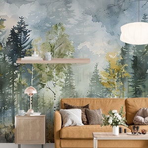 Birch Forest Wallpaper, Watercolor Woodland Mural, Pastel Colors Trees Wall Art, Peel and Stick Birches, Removable Wild Nature Decal