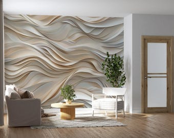 Beige Wavy Wall Mural: Abstract Silk Style Peel and Stick Wallpaper