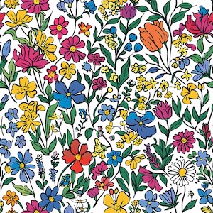 Papel pintado floral colorido, calcomanía de pared de flores de prado de cáscara y palo de acuarela, papel tapiz de patrón de flores silvestres de estilo de dibujos animados extraíble