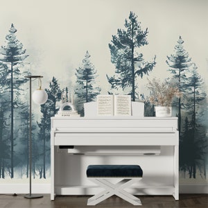 Watercolor Pine Tree Forest Wallpaper, Peel and Stick Nature Mural, Green and Beige Vintage Forest, Classic Seamless Wallpaper