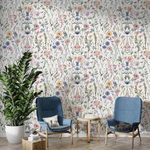Delicate Flowers in Pastel Colors Wallpaper, Peel and Stick Light Floral Wall Decal, Wild Meadow Flower Pattern Wallpaper, Removable PVCfree