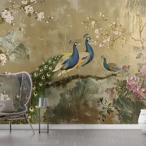 Carta da parati cineserie, murale con pavone colorato, carta da parati floreale dorata vintage, murale classico stacca e incolla con fiori e uccelli