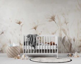 Beige Meadow Flowers Mural: Minimalist Peel and Stick Wallpaper