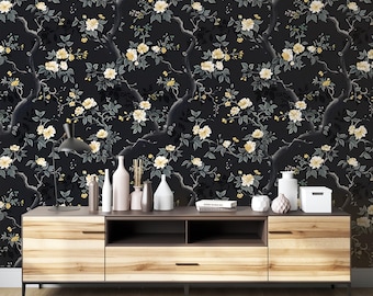 Papel pintado chinoiserie negro: papel pintado floral oscuro despegable y adhesivo