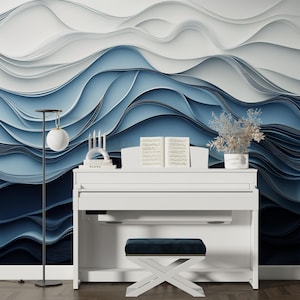 Blauwe en witte golvende muurmuurschildering, Peel-and-Stick papierstijl kunst, abstract uitgelicht verwijderbaar behang