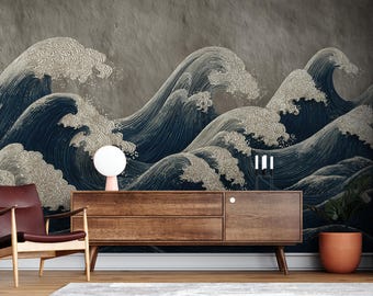 Japanese Wave Wall Mural in Blue and Beige with Traditional Art Inspired Design