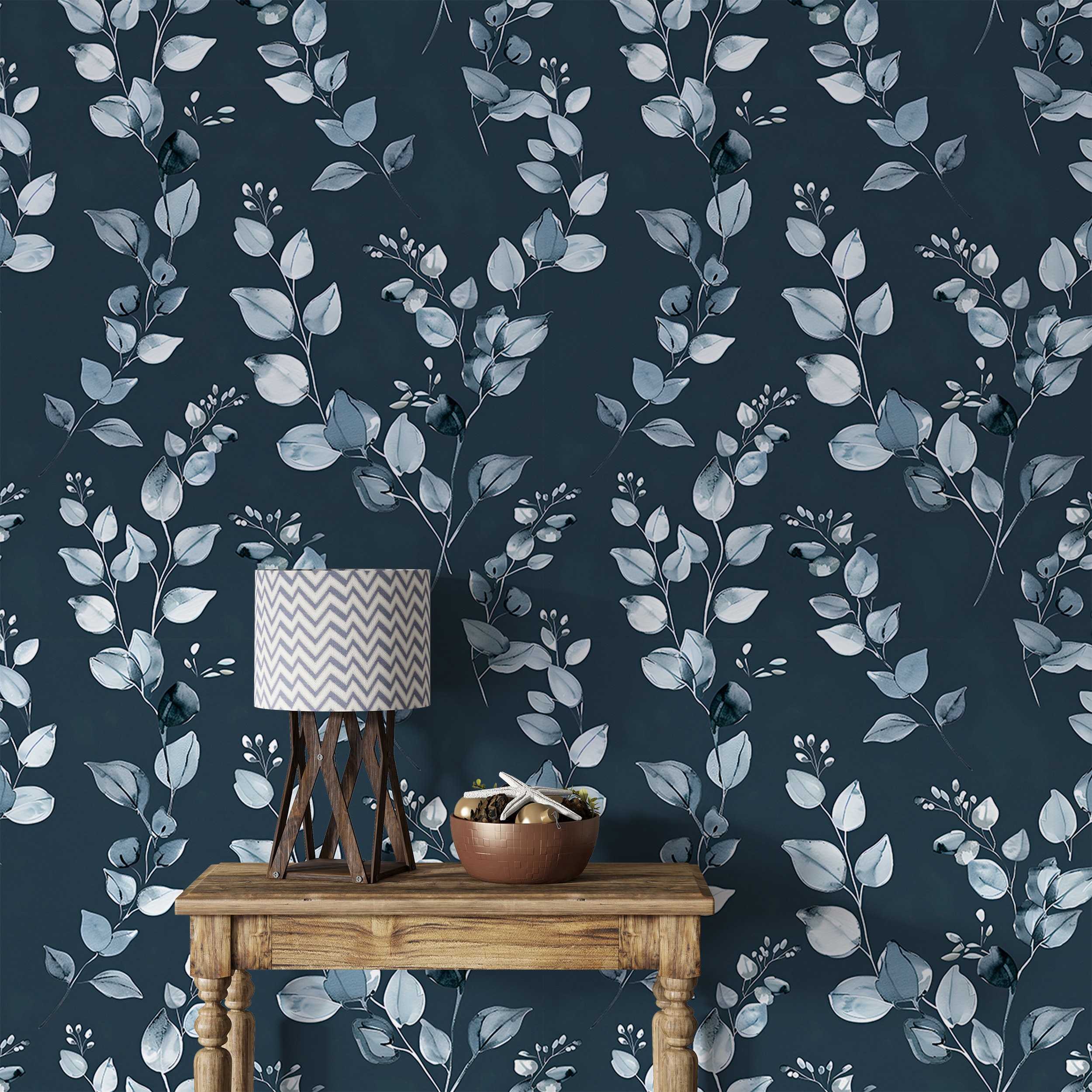 Dark Blue Botanical Wallpaper, Watercolor Grey Leaves Wallpaper, Peel