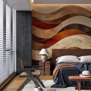 Décoration murale ondulée bohème marron et beige, papier peint géométrique autocollant, dessin au trait ondulé abstrait amovible, décoration murale moderne