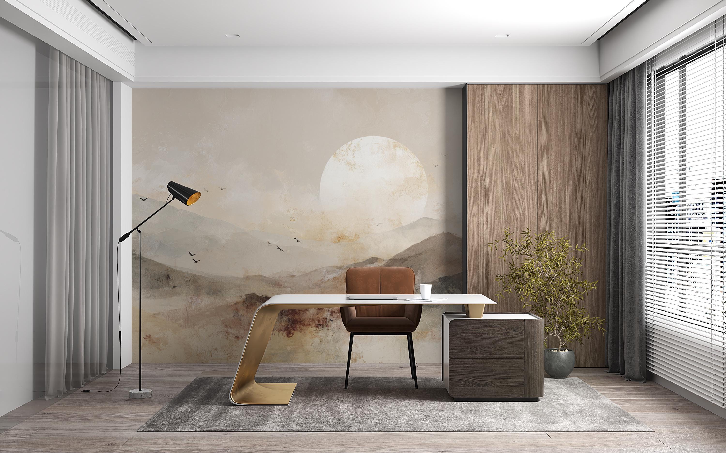 Japandi Mountain Wall Mural: Neutral Watercolor Landscape