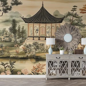Japanese Wallpaper, Peel and Stick Old Style Landscape Mural, Removable Vintage Asian Wall Decor
