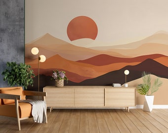 Minimalistisches Wüsten-Wandbild, Peel-and-Stick-Aquarell-Sanddünen-Tapete, abstraktes Berg-Sonnenuntergang-Wandbild, beige und braunes Boho-Wandbild