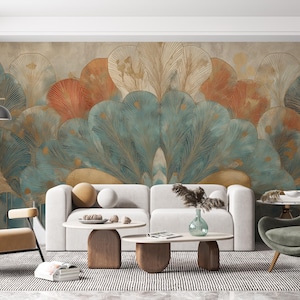 Art Deco Peacock Wall Mural: Teal & Gold Jewel-Tone Wallpaper