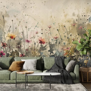 Papier peint abstrait champ de fleurs aquarelle, papier peint fleurs des prés peel and stick, décoration murale amovible floral sauvage, décoration murale botanique beige