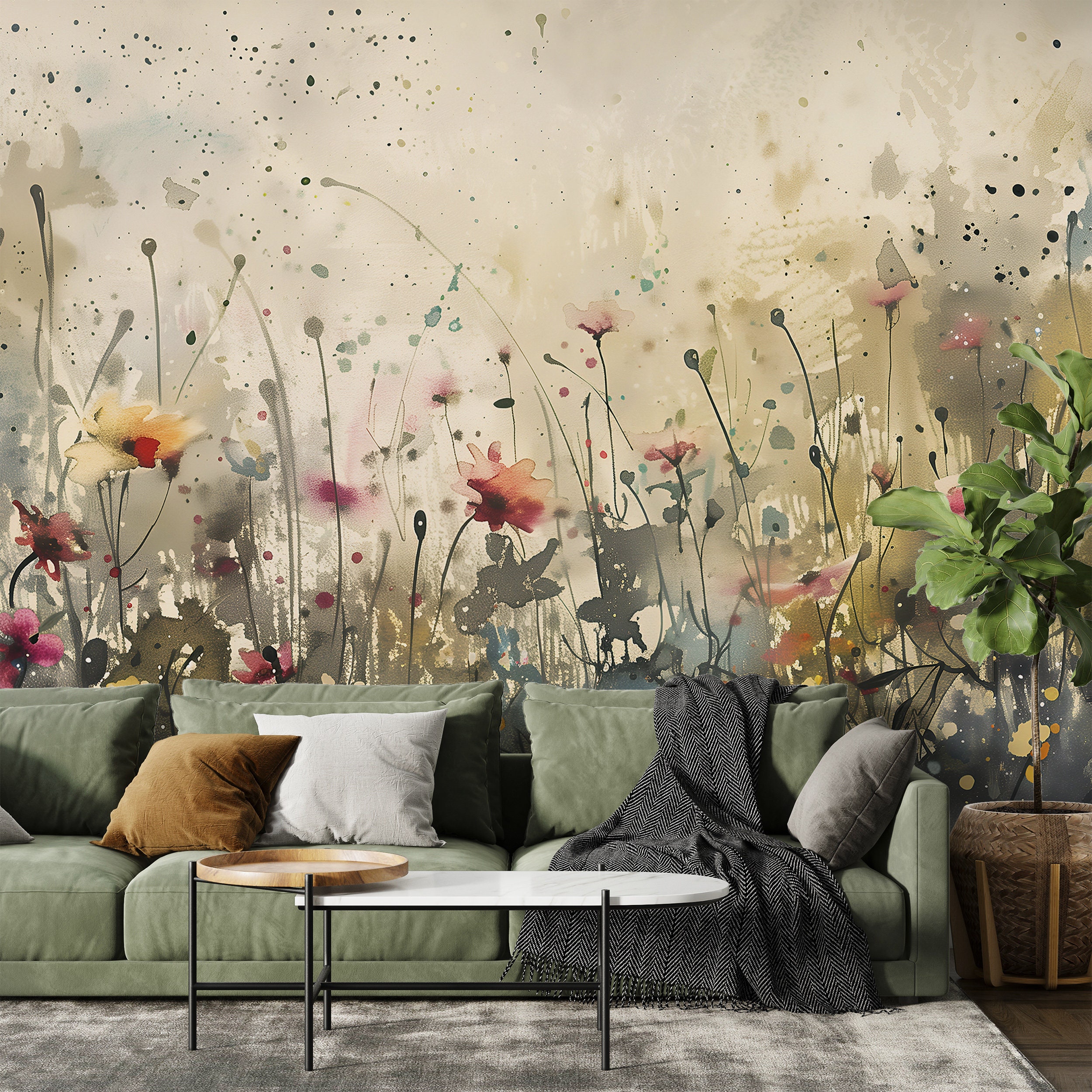 Abstract Watercolor Flower Field Mural, Peel and Stick Meadow Flowers Wallpaper, Removable Wild Floral Wall Decor, Beige Botanical Mural