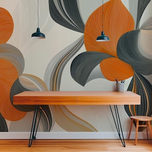 Motif floral abstrait aux formes courbes fluides dans des tons terreux orange, gris et beige, arrière-plan décoratif moderne pour les projets de design