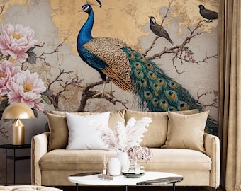 Vintage Chinoiserie Peacock Wallpaper: Golden Foil Peel and Stick Mural