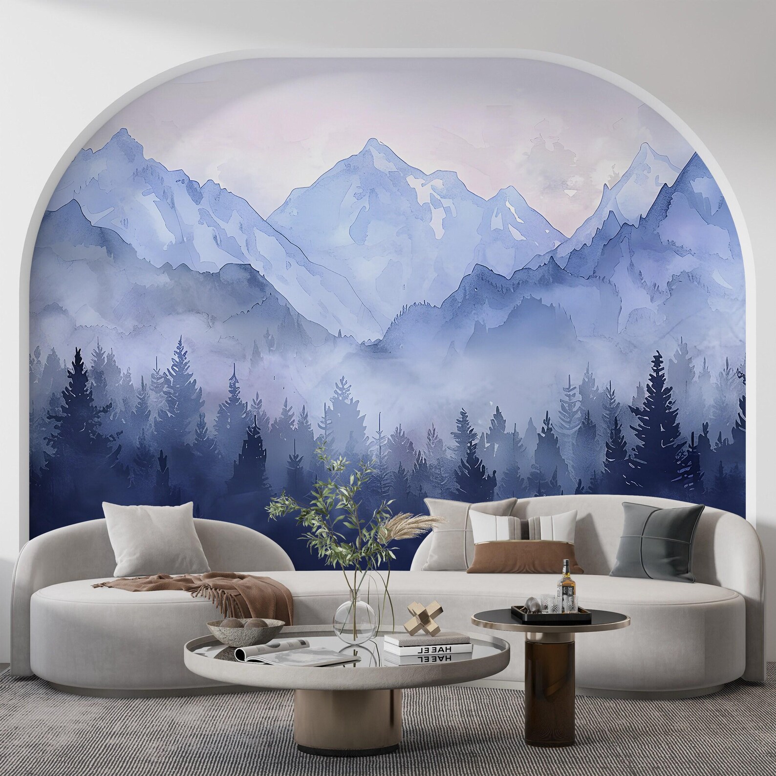 Watercolor Blue Mountain Mural: Forest Landscape Wallpaper, Removable ...