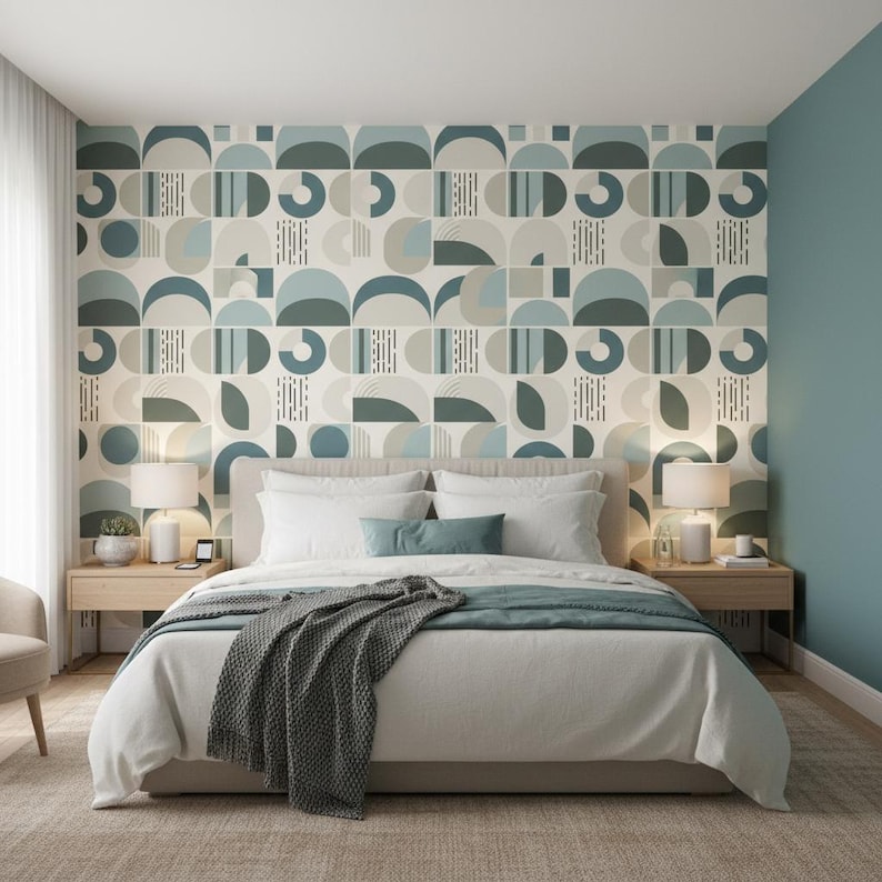 Scandinavian Geometric Wallpaper: Soft Blue and Taupe Arches image 2