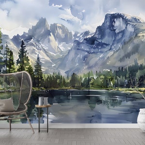 Aquarell Bergsee Wandbild, Nationalpark Landschaft, Schälen und Aufkleben Berge und Wald Tapeten, Wilde Natur Wandkunst