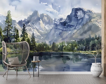 Watercolor Mountain Lake Mural, National park Landscape, Peel and Stick Mountains and Forest Wallpaper, Wild Nature Wall Art