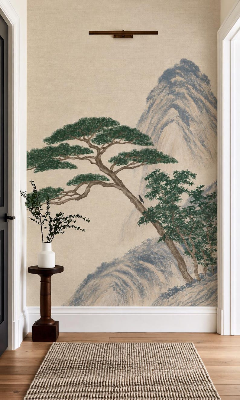 Asian Mountain Pine Tree Wall Mural | Minimalist Beige Landscape ...