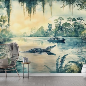 Papier peint vintage Alligator River : papier peint autocollant jungle de Floride