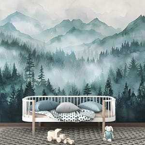 Aquarell Bergwald Wandbild: Abstrakte Mint Peel and Stick Wallpaper