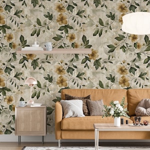 Rustic Beige and Green Floral Wallpaper, Vintage Peel and Stick Botanical Wall Decal, Removable Flowers and Leaves Old Style Wallpaper