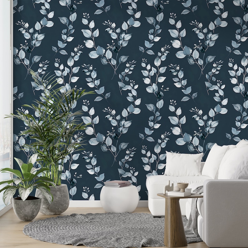 Dark Blue Botanical Wallpaper, Watercolor Grey Leaves Wallpaper, Peel