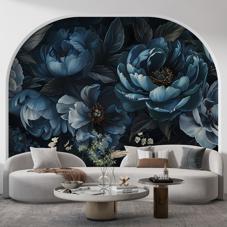 Dark Blue Peonies Mural, Peel and Stick Large Flowers Wallpaper ...