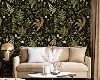 Dark Fern Botanical Pattern Wallpaper, Floral Leaves from Wild Forest Decal, Peel and Stick Removable Greenery Decor, PVC-free