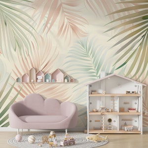 Buntes Palmenblatt Wandbild, Pastellfarben Tropische Tapete, Schälen und Stick Kinderzimmer Botanisches Wandtattoo, Benutzerdefinierte Größe Abnehmbares Wanddekor