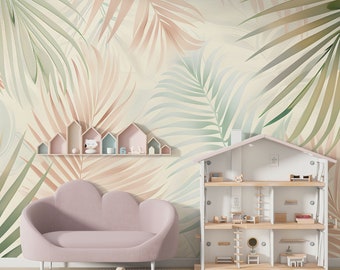 Colorful Palm Leaf Mural, Pastel Colors Tropical Wallpaper, Peel and Stick Nursery Botanical Wall Decal, Custom Size Removable Wall Decor