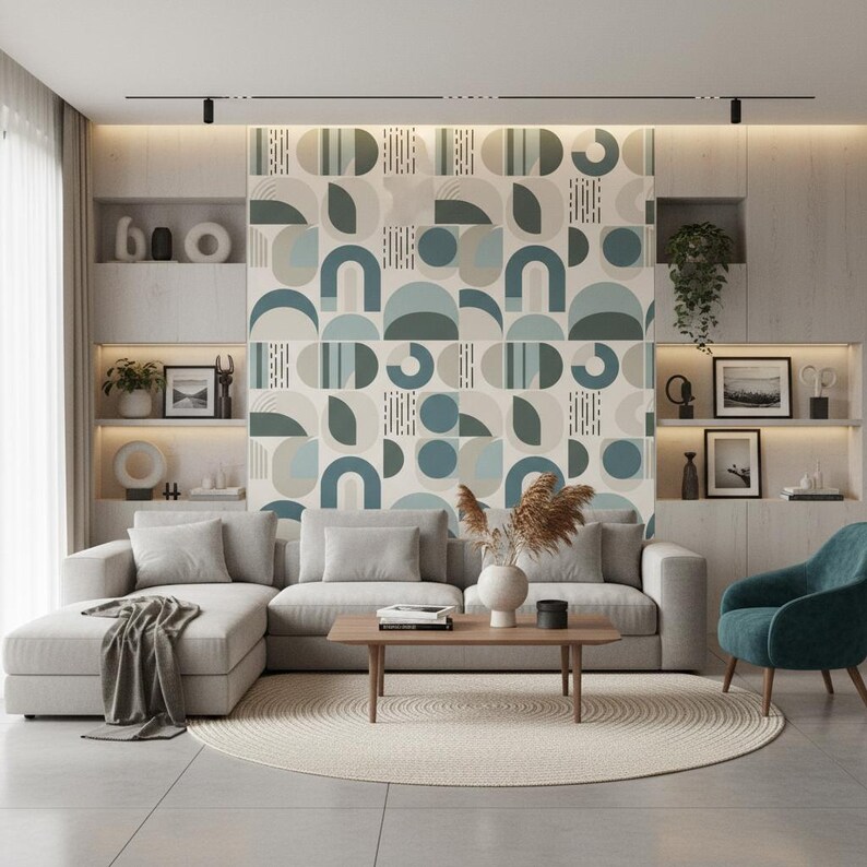 Scandinavian Geometric Wallpaper: Soft Blue and Taupe Arches image 6